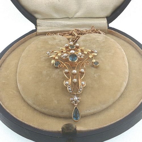 ANTIQUE ART NOUVEAU 15CT GOLD AQUAMARINE SEED PEARL PENDANT NECKLACE C1900 - ADDITIONAL PHOTO 7