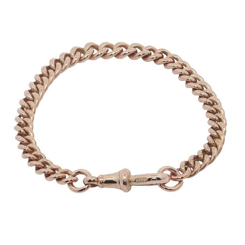 fig 1. An antique 9ct rose gold graduated curb link Albert bracelet with a swivel clip fastener on a plain white background.