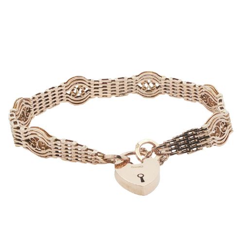 Antique 9ct Rose Gold Gate Bracelet with Heart Padlock