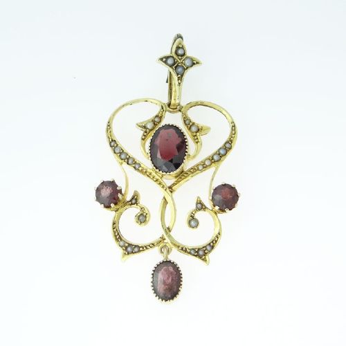 Victorian 15ct Gold Garnet and Pearl Pendant c1900