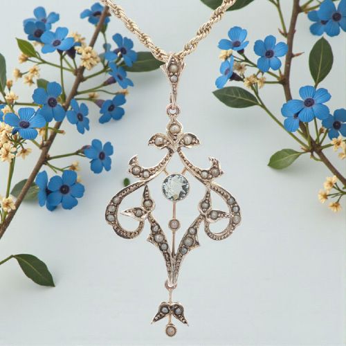 Antique 9ct Gold Aquamarine & Seed Pearl Pendant - C1900