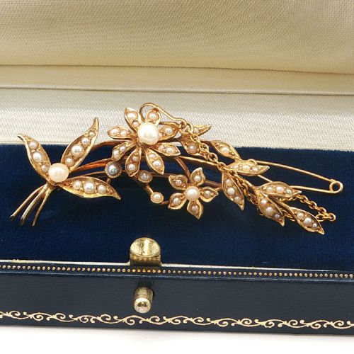 Vintage 15ct Gold Pearl Flower Spray Brooch Pre 1932