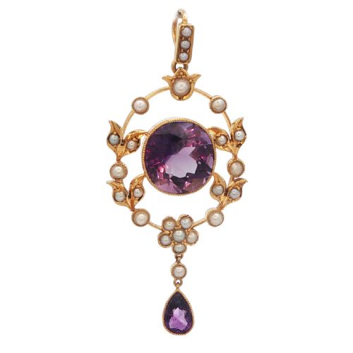 Stunning Antique 15ct Gold Amethyst and Pearl Pendant – Pre 1932
