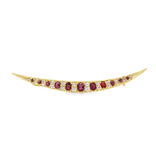 An antique late Victorian 15ct gold crescent brooch set with a graduated row of faceted red rubies and small white diamonds. View III