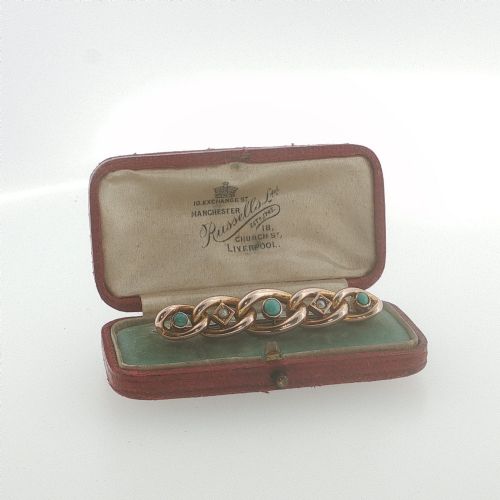 Antique 9ct Rose Gold Turquoise and Seed Pearl Suffragette Chain Brooch
