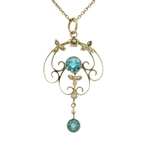 Antique 9ct Gold Blue Topaz and Pearl Pendant with chain