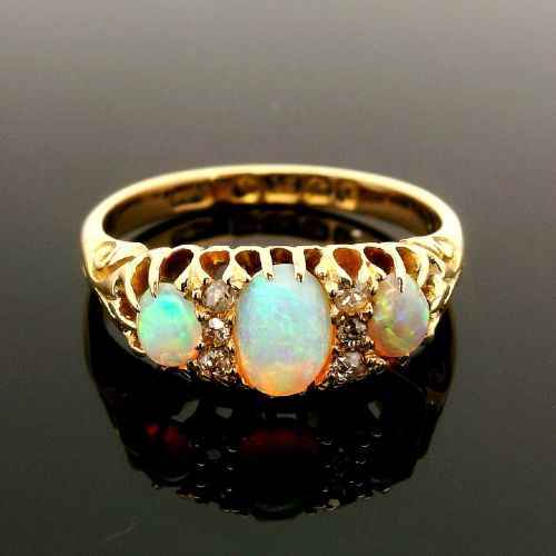 Antique 18ct Gold Diamond and Opal Boat Ring dated 1902