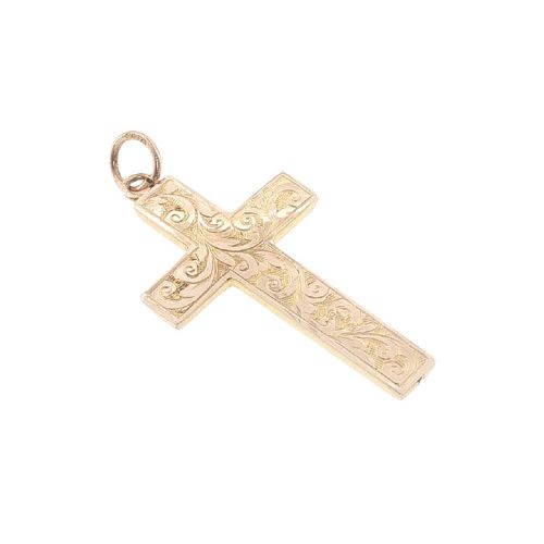 fig 2. An antique Edwardian 9ct yellow gold cross pendant decorated with detailed hand-engraved scrollwork and fitted with a top loop.
