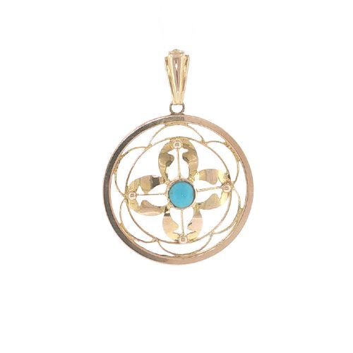 fig 1. A circular 9ct yellow gold openwork pendant set with a round central turquoise cabochon framed by floral scrollwork.