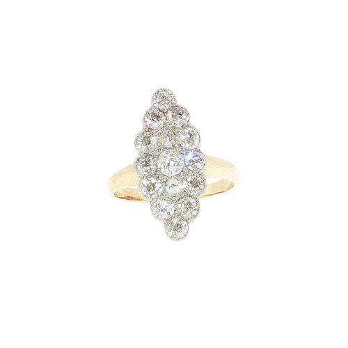 Antique Edwardian 1.25ct Old Cut Diamond Navette Cluster Ring in 18ct Gold & Platinum Circa 1910