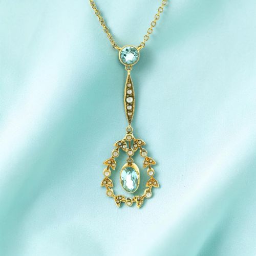 Antique Edwardian 15ct Gold Aquamarine & Pearl Lavalier Necklace - C1900