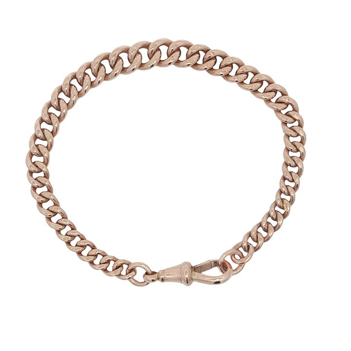 An antique 9ct rose gold graduated curb link Albert bracelet with a swivel clip fastener on a plain white background.
