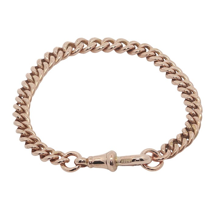 An antique 9ct rose gold graduated curb link Albert bracelet with a swivel clip fastener on a plain white background. View II