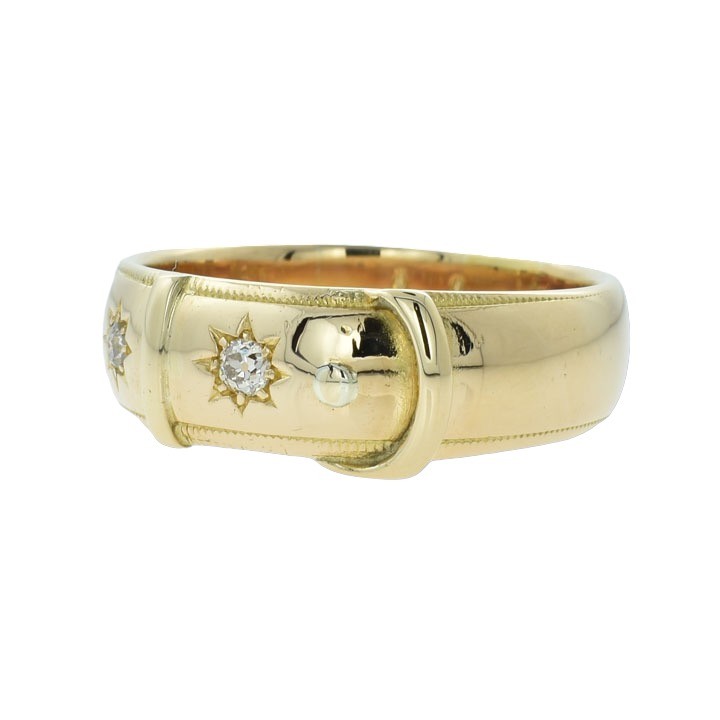 An antique Victorian 18ct yellow gold buckle band featuring star-set diamonds. View IV