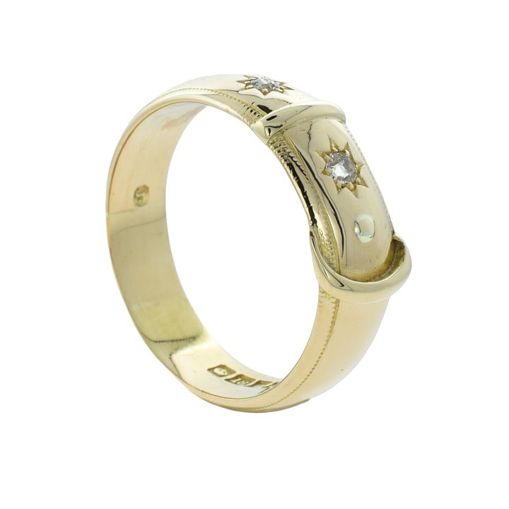 An antique Victorian 18ct yellow gold buckle band featuring star-set diamonds. View V