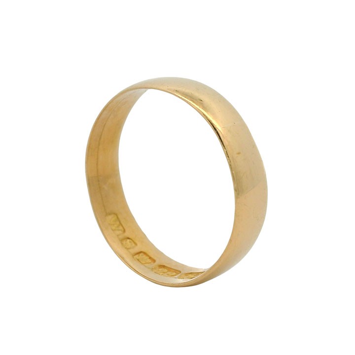 A plain 22ct yellow gold Victorian wedding band with visible internal hallmarks set against a white background. View III