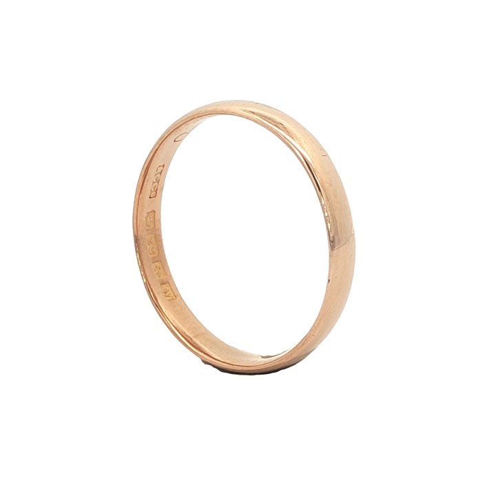 A plain 3mm 22ct yellow gold wedding band ring displaying visible internal hallmarks. View IV