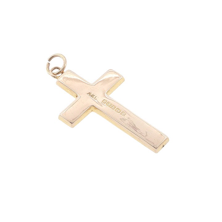 An antique Edwardian 9ct yellow gold cross pendant decorated with detailed hand-engraved scrollwork and fitted with a top loop. View II