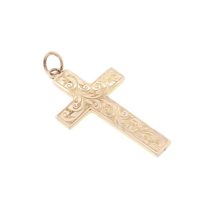 An antique Edwardian 9ct yellow gold cross pendant decorated with detailed hand-engraved scrollwork and fitted with a top loop. View III