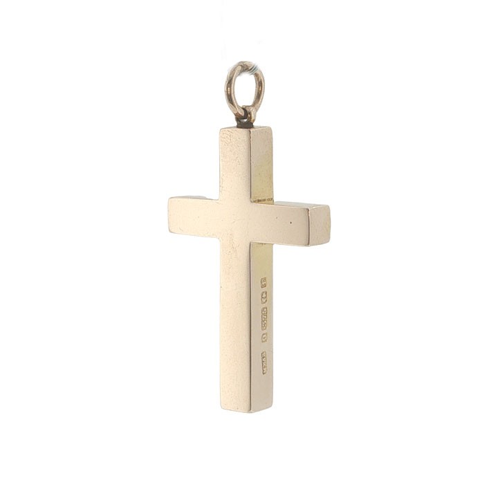 An antique Edwardian 9ct yellow gold cross pendant featuring a smooth polished surface and a top suspension ring. View IV