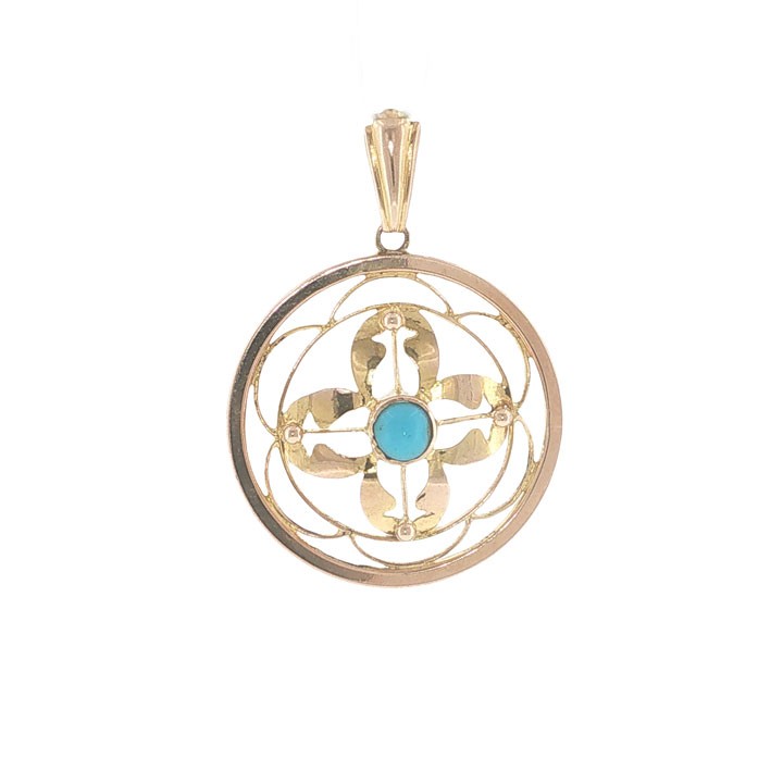 A circular 9ct yellow gold openwork pendant set with a round central turquoise cabochon framed by floral scrollwork. View II