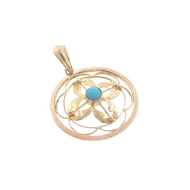 A circular 9ct yellow gold openwork pendant set with a round central turquoise cabochon framed by floral scrollwork. View IV