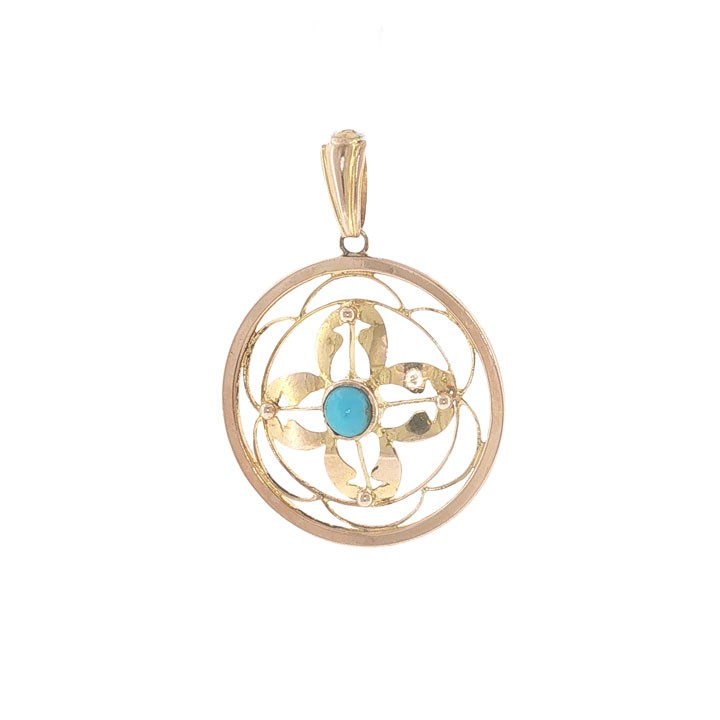 A circular 9ct yellow gold openwork pendant set with a round central turquoise cabochon framed by floral scrollwork. View V