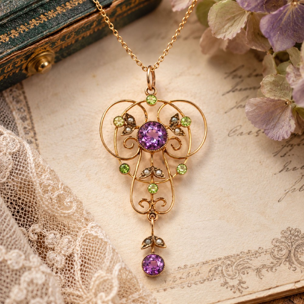 An openwork 9ct gold Edwardian pendant set with round amethysts, peridots, and seed pearls suspended on a fine chain.