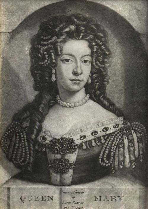 fig 1. MEZZOTINT PORTRAIT OF MARY OF MODENA QUEEN OF GREAT BRITAIN (1638-1705) BY JOHN FABER JNR AFTER SIR GODFREY KNELLER.