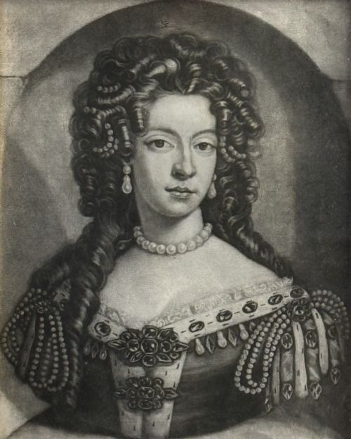 fig 2. MEZZOTINT PORTRAIT OF MARY OF MODENA QUEEN OF GREAT BRITAIN (1638-1705) BY JOHN FABER JNR AFTER SIR GODFREY KNELLER.