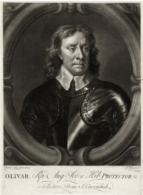 fig 1. Framed monochrome mezzotint print depicting Oliver Cromwell in armour set within an oval cartouche.
