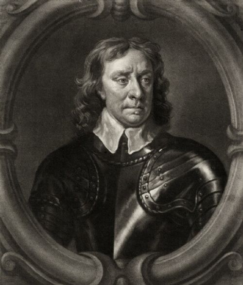fig 2. Framed monochrome mezzotint print depicting Oliver Cromwell in armour set within an oval cartouche.