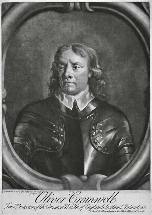 fig 1. A framed monochrome mezzotint print depicting a bust-length portrait of Oliver Cromwell in armour set within an oval border.