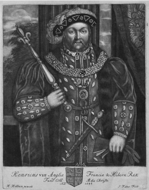 fig 2. A framed monochrome mezzotint print depicting King Henry VIII standing in regal attire, enclosed by a black timber frame with a thin gilt inner slip.