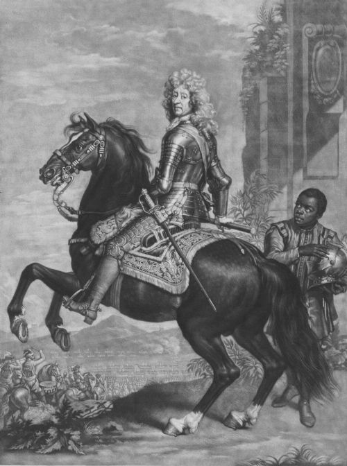 fig 1. A framed monochrome mezzotint portrait depicting a nobleman in full plate armour riding a rearing horse, accompanied by a attendant holding a helmet, with etched text along the lower edge.