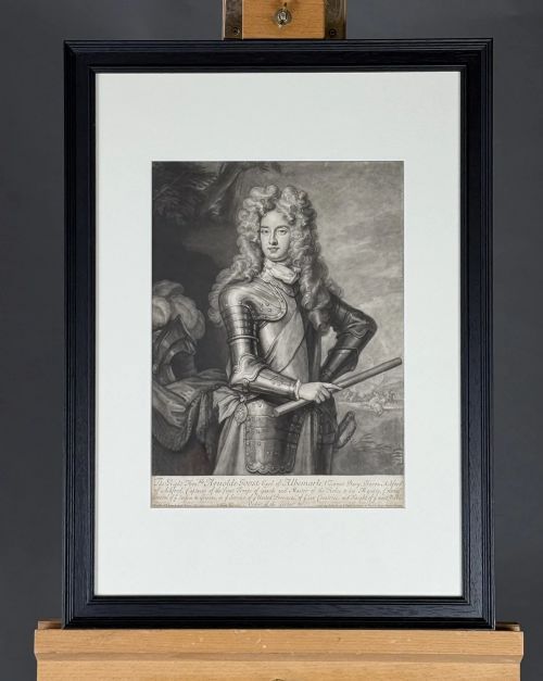 fig 1. Monochrome seventeenth-century mezzotint print depicting a portrait of a nobleman in full plate armour with a long wig.