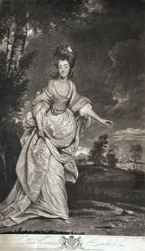 fig 1. A framed monochrome eighteenth-century mezzotint print depicting a full-length portrait of a woman in classical drapery within a landscape setting.