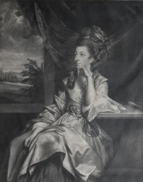 fig 1. A monochrome 18th-century mezzotint portrait depicting a seated woman inside a carved giltwood frame with cream matting.