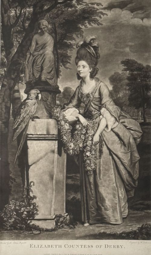 fig 1. An 18th-century monochrome mezzotint portrait of Elizabeth, Countess of Derby, housed in a black frame with beaded gilt detail.
