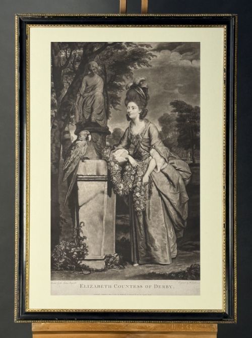 fig 2. An 18th-century monochrome mezzotint portrait of Elizabeth, Countess of Derby, housed in a black frame with beaded gilt detail.
