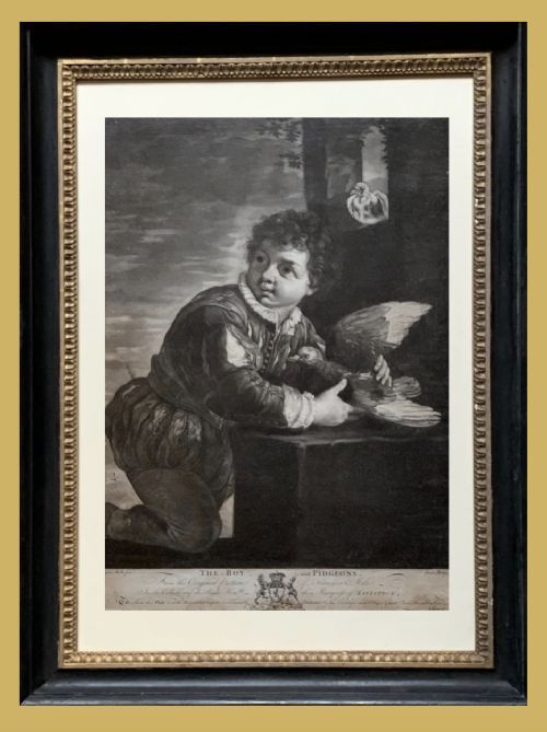 Mezzotint Portrait the Boy and Pigeons by John Boydell (1720-1804) After Pier Francesco Mola (1612-1666)
