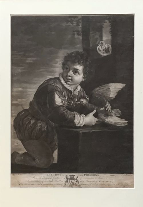 fig 1. A framed monochrome mezzotint print depicting a kneeling boy holding pigeons, set within a black frame featuring a gilt inner bead.