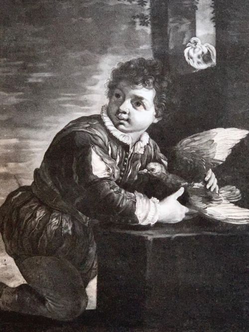 fig 2. A framed monochrome mezzotint print depicting a kneeling boy holding pigeons, set within a black frame featuring a gilt inner bead.