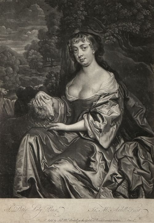 fig 1. A framed monochrome mezzotint print portraying Elizabeth Hamilton seated outdoors with a lamb, presented in a dark wooden frame with a pale mount.