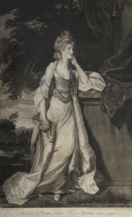 fig 1. A framed monochrome mezzotint portrait depicting Lady Louisa Manners standing in classical drapery against a natural landscape.