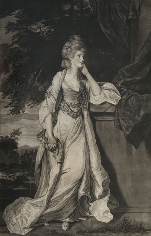 fig 2. A framed monochrome mezzotint portrait depicting Lady Louisa Manners standing in classical drapery against a natural landscape.