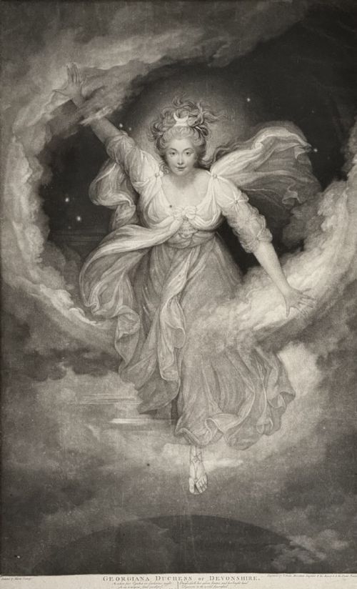 fig 3. A framed monochrome mezzotint print depicting a female figure floating amidst clouds wearing flowing robes and a crescent moon headpiece.
