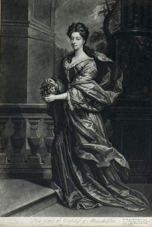 fig 3. A framed monochrome eighteenth-century mezzotint portrait depicting a standing woman in draped robes holding flowers, set within a gilt slip and black wooden frame.