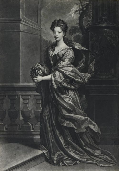 fig 4. A framed monochrome eighteenth-century mezzotint portrait depicting a standing woman in draped robes holding flowers, set within a gilt slip and black wooden frame.