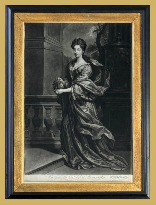 fig 5. A framed monochrome eighteenth-century mezzotint portrait depicting a standing woman in draped robes holding flowers, set within a gilt slip and black wooden frame.